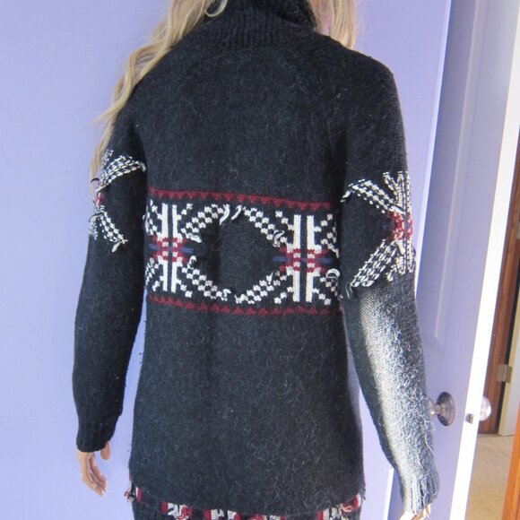 RARE TNA ARITZIA Black Wool Alpaca Shawl Collar Aztec Navajo Zip Up Sweater Coat - Picture 5 of 10